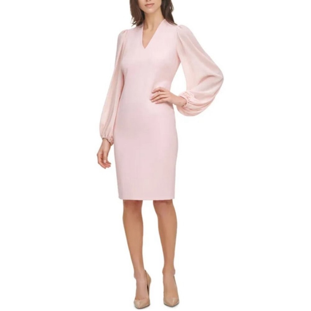 Vince Camuto Women's V Neck Stretch Crepe Dress with Chiffon Sleeves